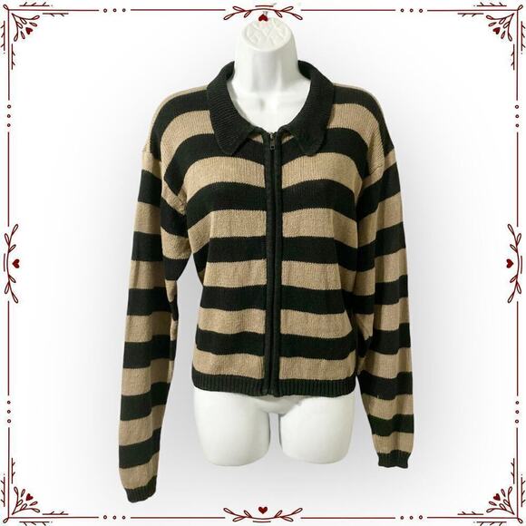 Colleen's Collectables Women's M Vintage Black and Tan Striped Knit Sweater - Picture 1 of 10